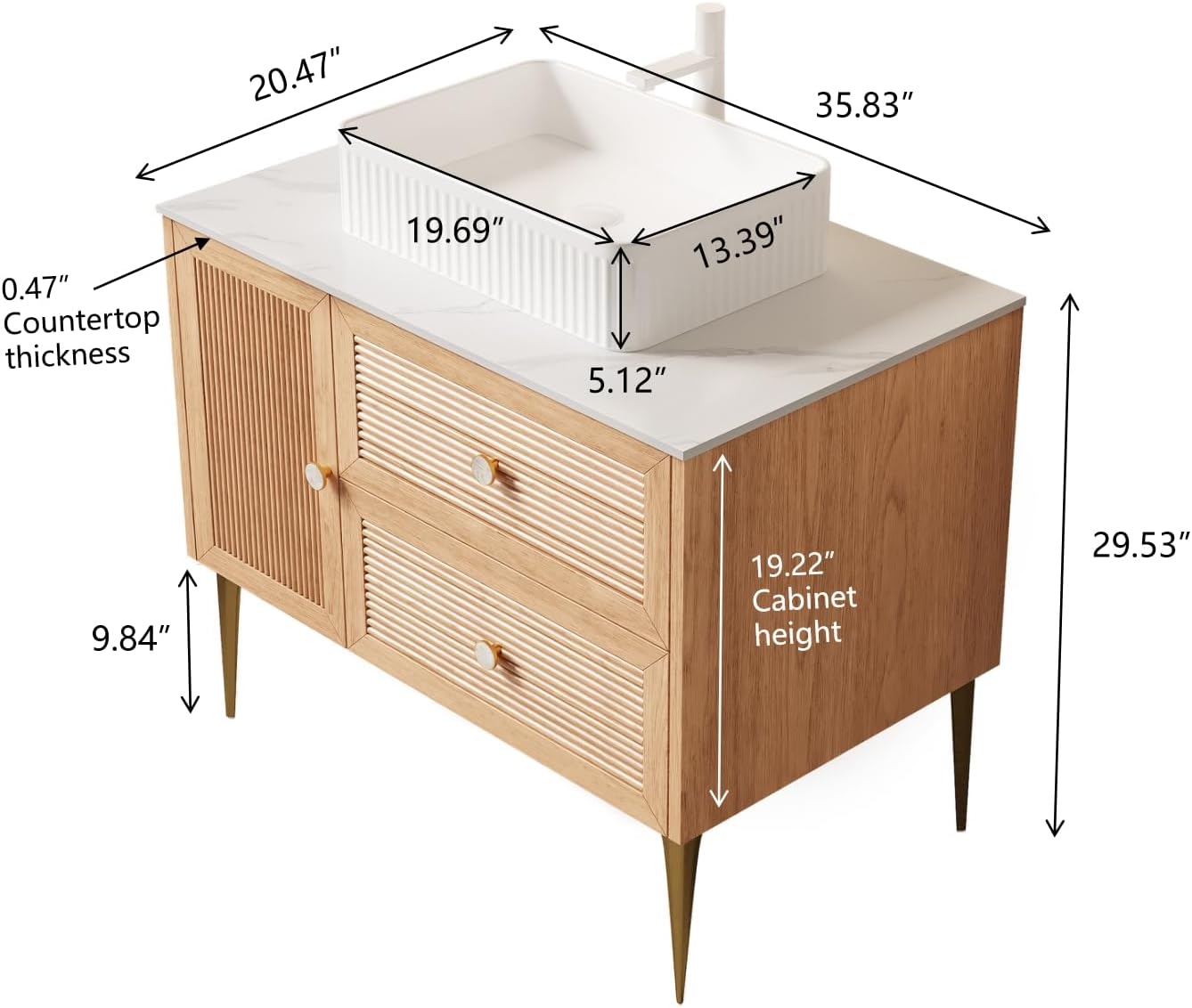 36" Bathroom Vanity, Freestanding Plywood Storage Cabinet with Ceramic Basin & 4 Metal Legs, 2 Drawers and 1 Soft-Close Door, Pre-Assembled, Oak Woodgrain Color