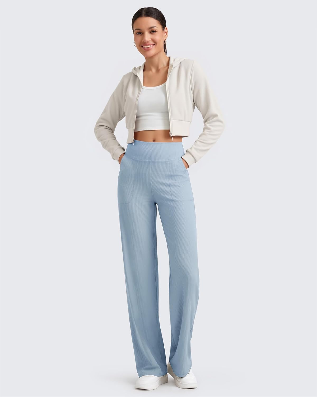 G4Free Women's Ribbed Knit Wide Leg Pants with Pockets Lightweight Stretchy Yoga Pants Casual Lounge - Image 2