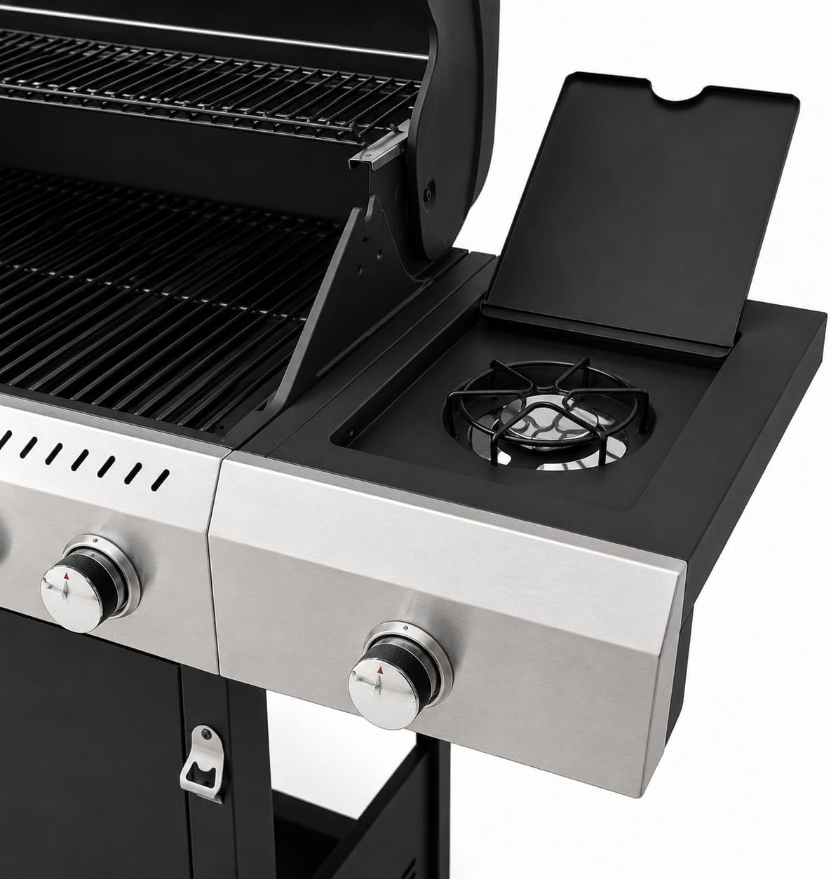 Barbecue a Gas Professionale XXL Da 19 kW con 6 Bruciatori in Acciaio Inox 304 Con Fuoco Laterale Termometro Coperchio Doppio Griglia Di Cottura 70 x 42 Cm Scaldavivande Ruote 140 × 50 × 120 Cm Nero