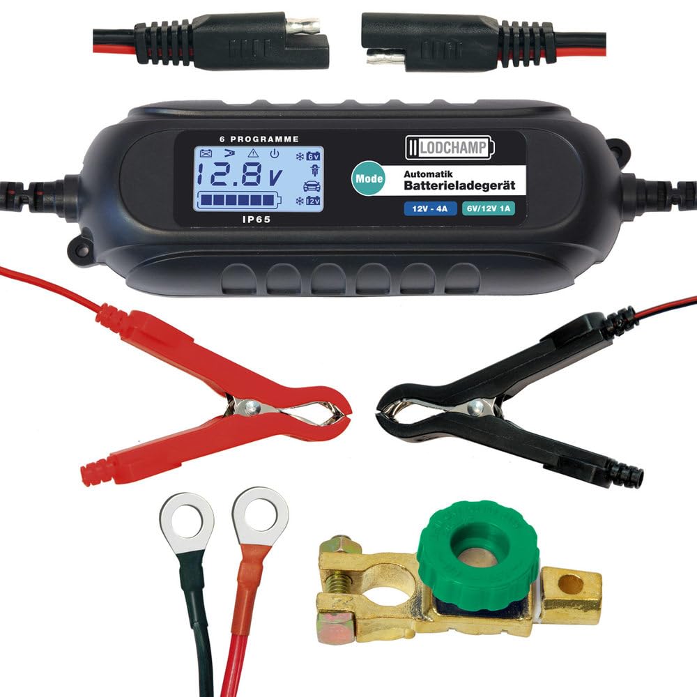 Bundle, 4A/1a Intelligentes Batterieladegerät, 6V/12V KFZ/Auto/Motorrad Ladegerät, Erhaltungsladegerät und Batterie Trennschalter Poltrenner Batterietrenner