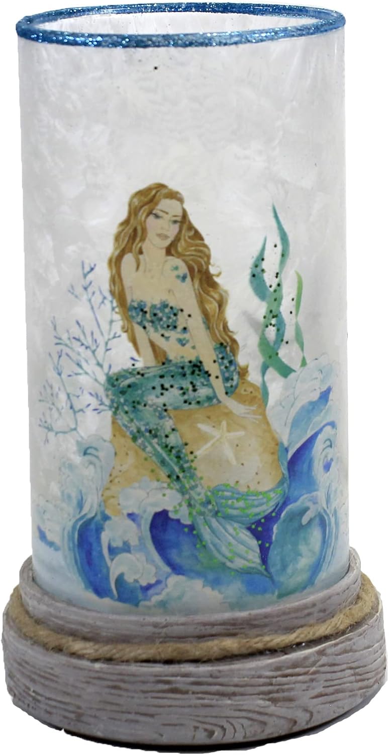 Stony Creek Sitting Mermaid Hurricane Lit Glass Pre Lit Resin Base - One Pre-Lit Glass Decorative Light 8.25 Inches - Nmd0287 - Multicolored