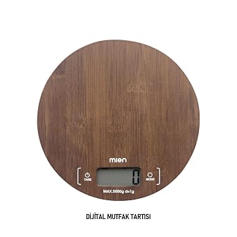Doğal Akasya Ahşap Dijital Mutfak Terazisi, 5 KG Kapasiteli Hassas Yemek ve Kahve Tartısı, Minimalist Tasarım (Yuvarlak)