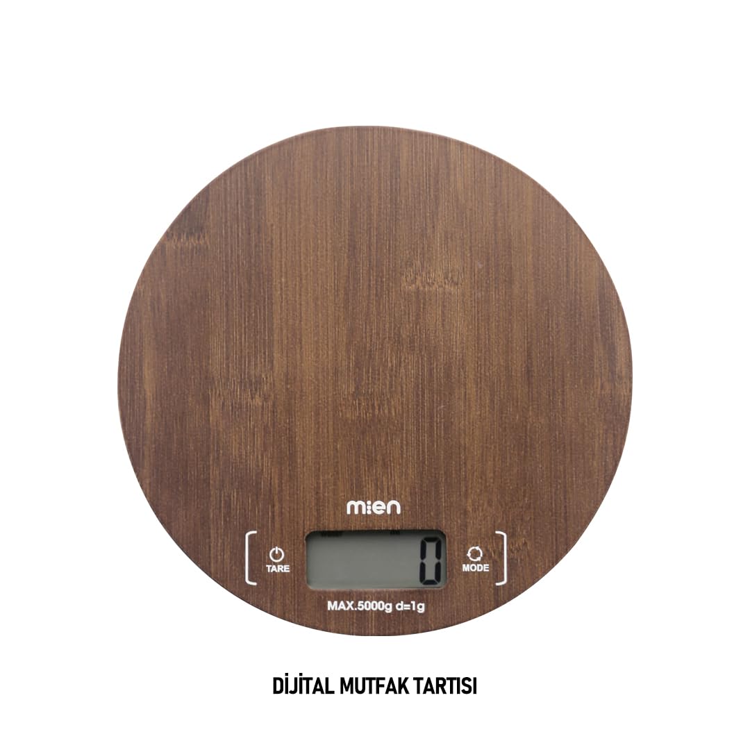 AmberHaus Doğal Akasya Ahşap Dijital Mutfak Terazisi, 5 KG Kapasiteli Hassas Yemek ve Kahve Tartısı, Minimalist Tasarım (Yuvarlak)