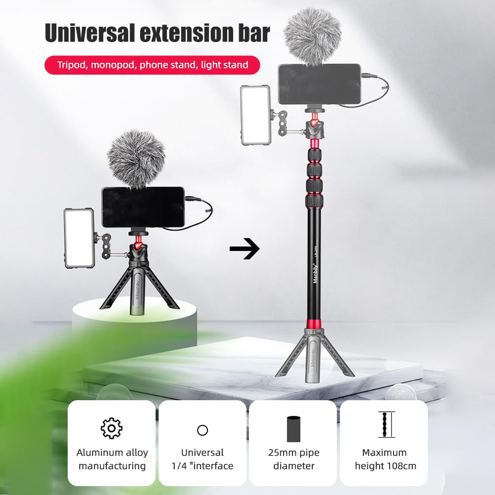 LR-255 Adjustable Tripod Extension Rod 33.5-108cm, Aluminum Alloy Camera Monopod for Gimbal Stabilizer DSLR with 1/4 & 3/8 Screw