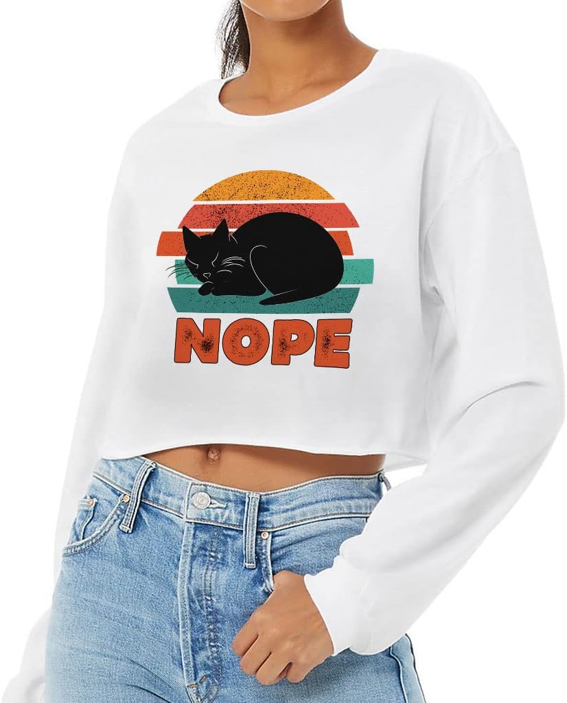 Cat Print Cropped Long Sleeve T-Shirt - Lazy Women's T-Shirt - Art Long Sleeve Tee - White, S