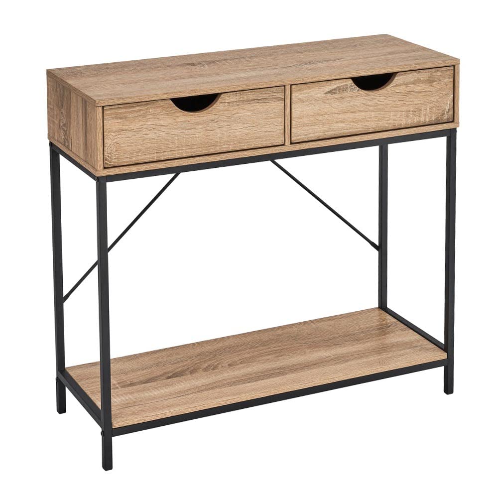 LOLAhome Consola de 2 cajones y Estante de Color Natural Claro de Madera y Metal de 80x30x75 cm