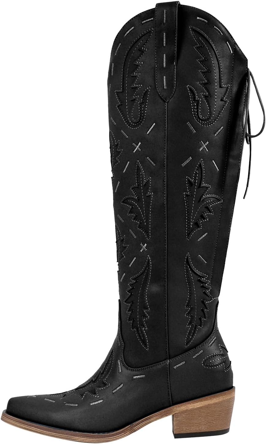 richealnini Women's Embroidered Knee High Boots Zipper Dressy Adjustable Lace Up Western Cowboy Boots