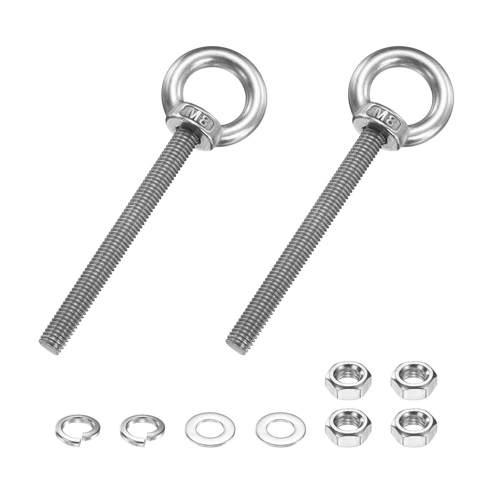 PATIKIL M8 x 80mm Eye Bolt, 2 Pcs 304 Stainless Steel Thread Lifting Ring Set Shoulder Eyebolt with Lock Nuts Flat Washers for Hanging Hammocks Articles, Silver