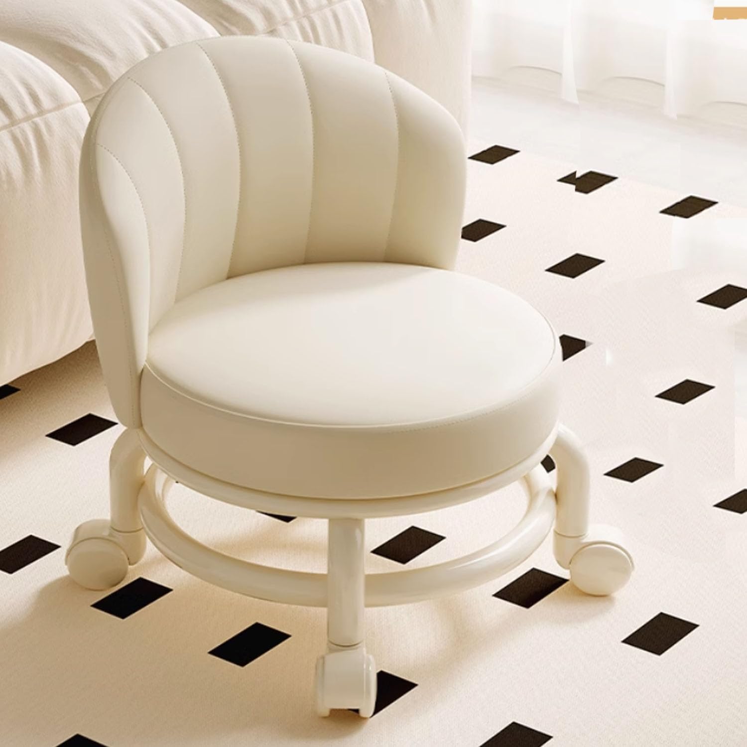 Timati Rolling Pulley Stool, Portable Mini Shoe Stools, Small Roller Stool with Wheels and Back Support, Comfortable Strong Elegant Suitable for Home, Office Or Garage with backrest (White)