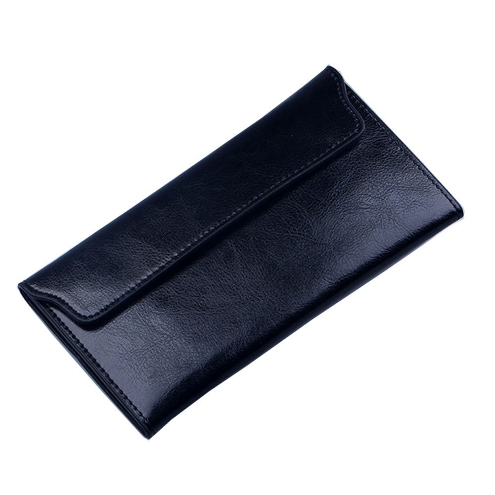 NIGEDU Women Long Wallet Genuine Cowhide Leather Cards Holder Clutch Purse Phone Bag (Black)
