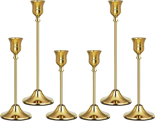 Uzvoxhe Gold Candlestick Holders Set of 6, Weighted, Metal Taper Candle Stick Ho