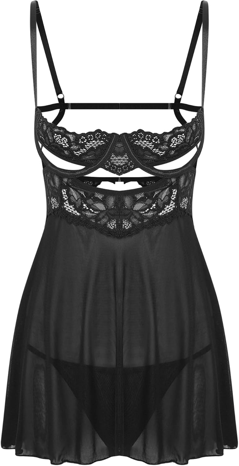 ranrann Adult Women Sheer Wedding Gown Exotic Nightgowns Babydoll Lingerie Dress With Thong