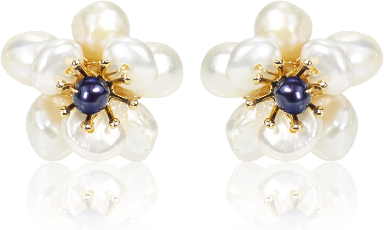 ELESAXISG White Baroque Pearl Earrings For Women Trendy Handmade Unique Cute Wedding Flower Stud Earrings Real Freshwater Pearl Jewelry Gift For Girls