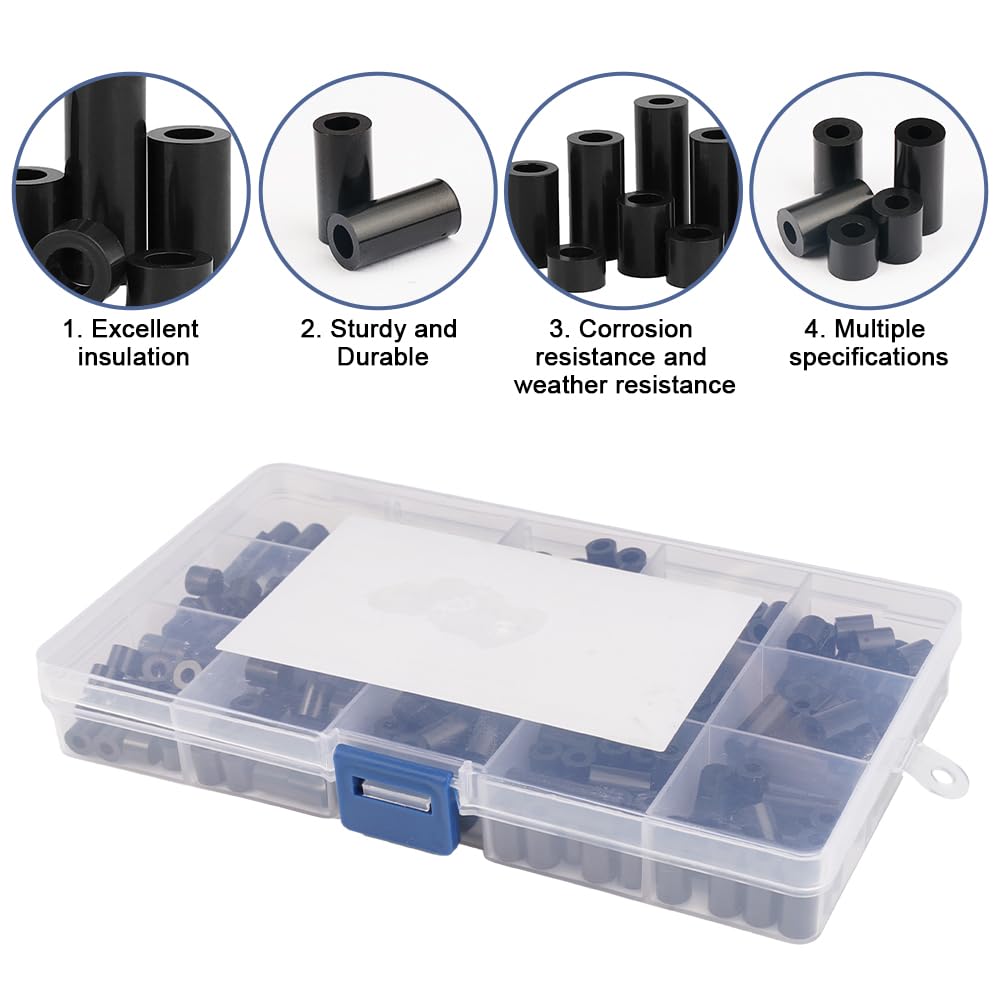 320 Distanziali In Nylon Nero - 14 Misure Per Viti M3/M4 - Isolanti E Resistenti - Con Contenitore Organizzato - Foto 13