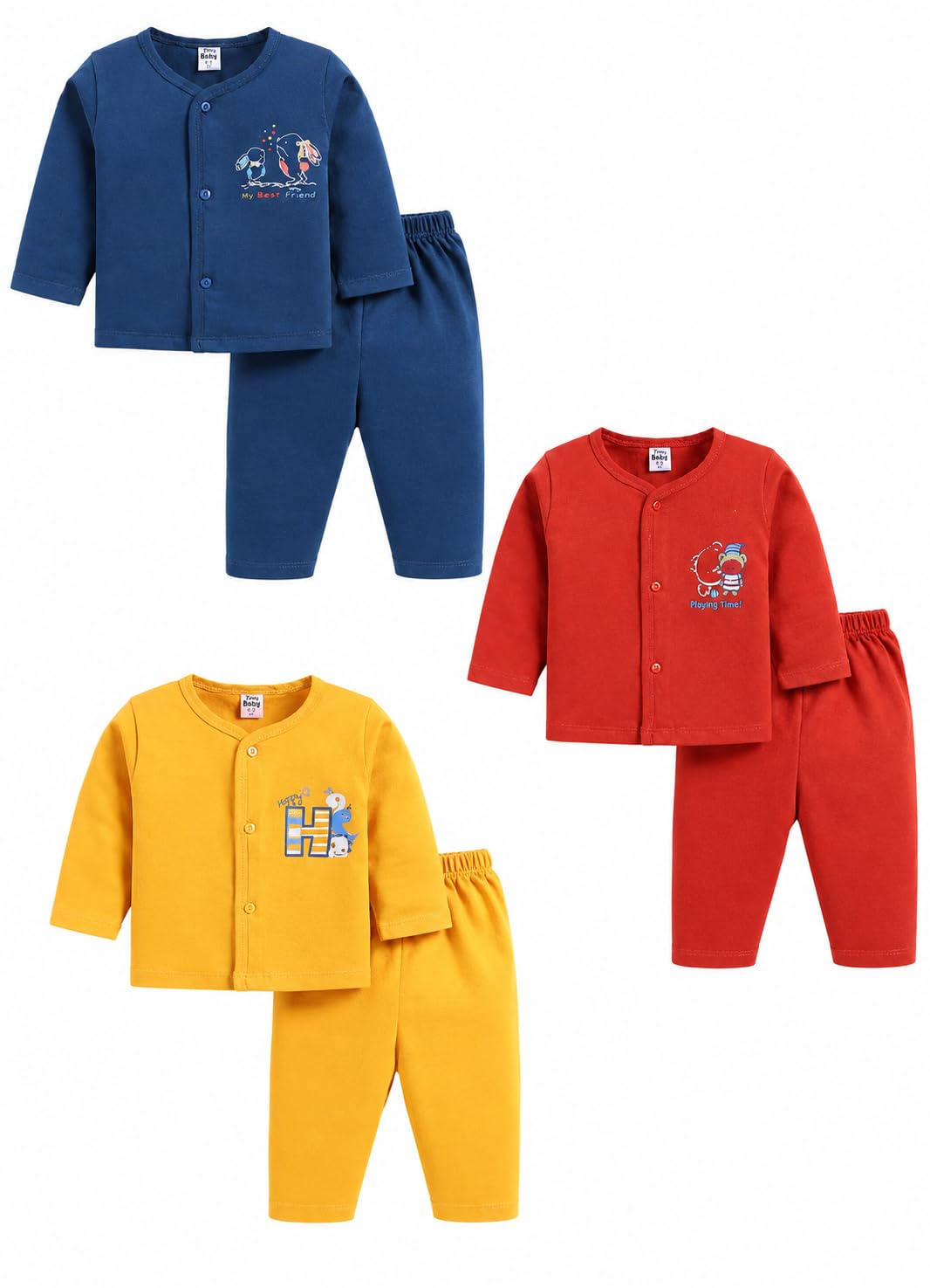 Cotton Night Suit for Baby Boys & Girls | Unisex Full Sleeve Top & Pant Set (Pack of 3)-image-34
