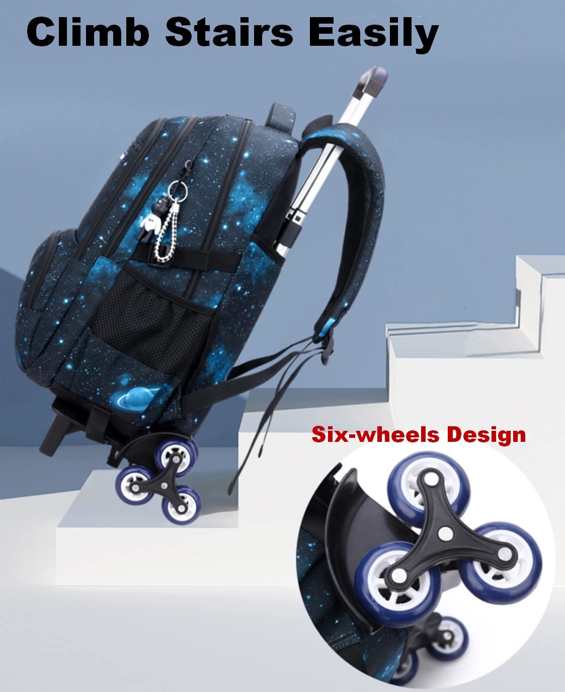 Cartable a Roulette Garcon Fille, Cartable à roulettes Sac à Dos à roulettes Bagages Enfants Sac de Voyage (Bleu Géométrique)