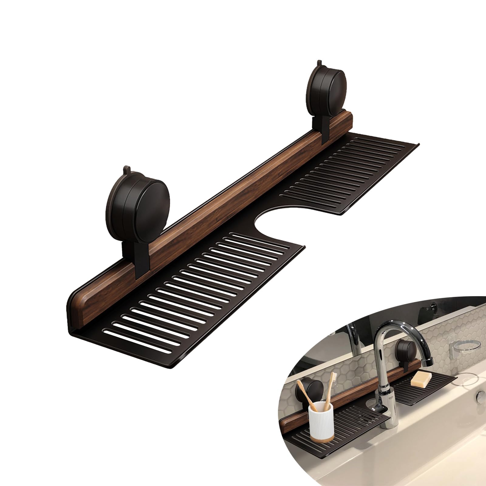 Walnut Bathroom Sink Shelf Over Faucet 2025 New No-Drill Shower Caddy Suction Cup with Strong Adhesion Stable Over