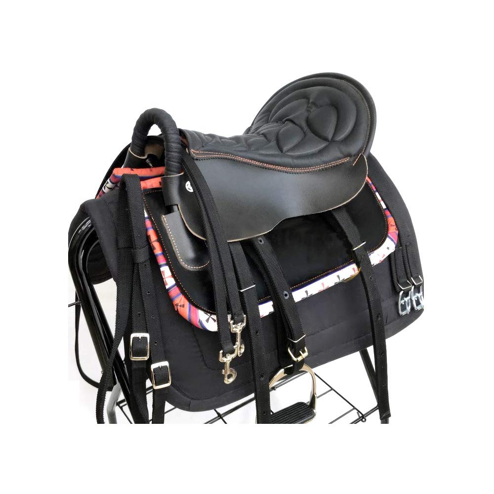 CLBING Cavallo da Sella Turisti con Maniglie con Sella in Cuoio Sella Esercito Sella Cavallo da Sella Completo Forniture Equestri,Black