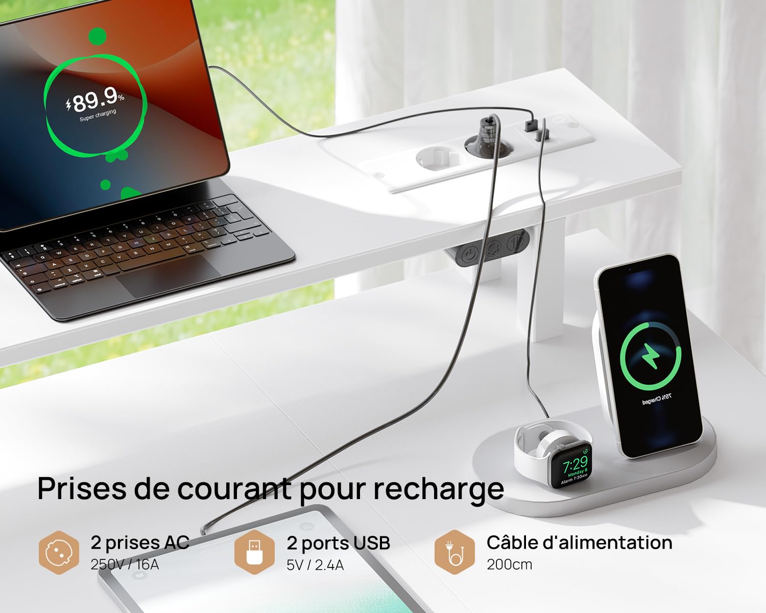 Seventable Bureau Gaming 120 cm avec Intégrée, LED RGB, Bureau avec Rangement et 4 Tiroirs en Tissu, Plateau Clavier Ergonomique et Support Écran, Blanc