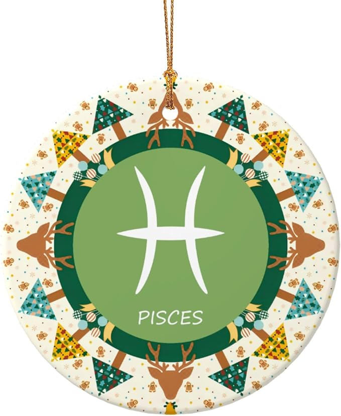 Pisces Sign Christmas Ornaments, Round Ceramic Porcelain Ornaments for Xmas Christmas Tree Decor, Home Ornament Office Decoration Xmas Souvenirs