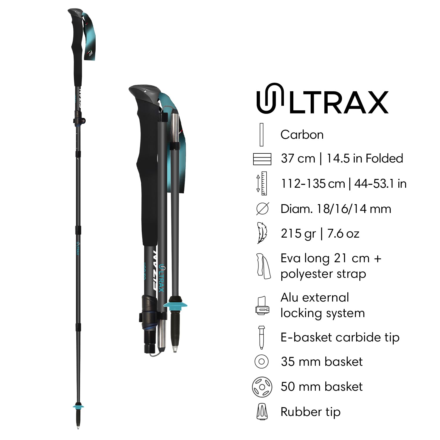 Fizan Ultrax - Bastones de Senderismo ultraligeros, mochileros, Ciclismo, senderos de Senderismo, Plegables a 14.5 Pulgadas, Aluminio o Fibra de Carbono