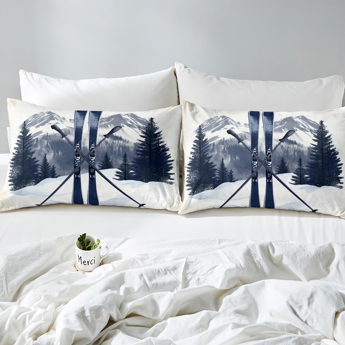 Skiing Duvet Cover Queen Size,Winter Extreme Sports Navy Ski Pole Snowboard Bedding Set 3 Pcs for Teens Adults,Natural Ski Slope Mount Pine Trees Comforter Cover(No Filler)