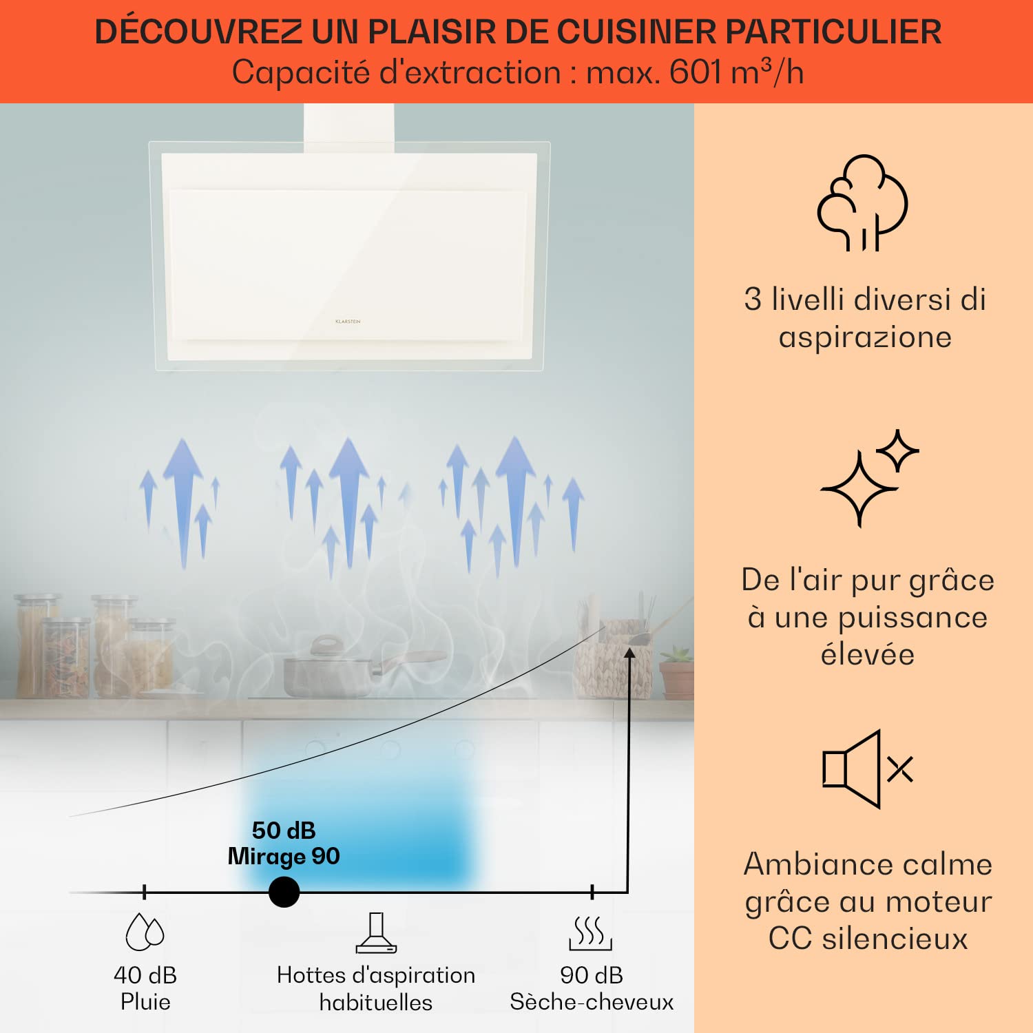 Klarstein Hotte Aspirante 90cm, Hottes de Cuisine Inclinées, Filtre de Hotte en Aluminium, Débit d'Air Puissant 601m³/h, LED, Ecran Tactile, Extracteur d'Air Silencieux, Hotte Efficace avec Evacuation