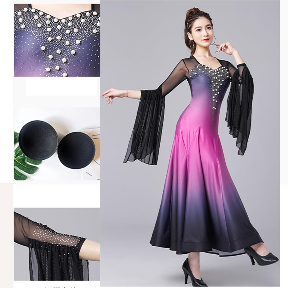Ropa de Baile de Vals para Mujer, Falda Larga de Tul con Vuelo, de Malla, para Baile de Salón, de Encaje, para Baile Latino, Flamenco, Tango, Competición Social, Sexy (M)
