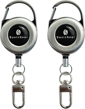 BasicGear Zinger Retractable Keychain 2 Pack Brushed Metal with 24" Cord, Heavy Duty Badge Reel for Fishing & Outdoors