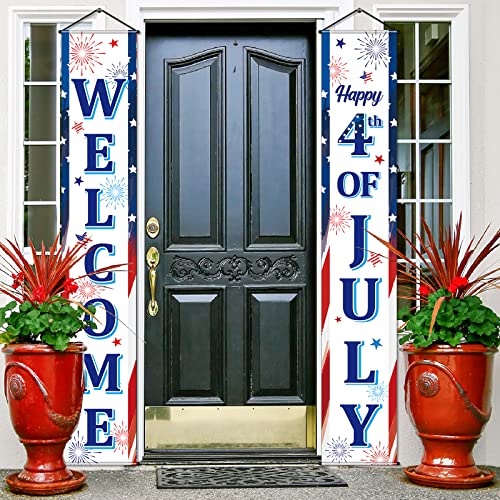 Image of Blulu 2 Pcs 4th / Fourth of July Banners Decorations for Outdoor Hanging Welcome Porch Sign Patriotic Independence Day Hanging Flag Memorial Day Banners Decorations for Party Door Home(Stylish Style)