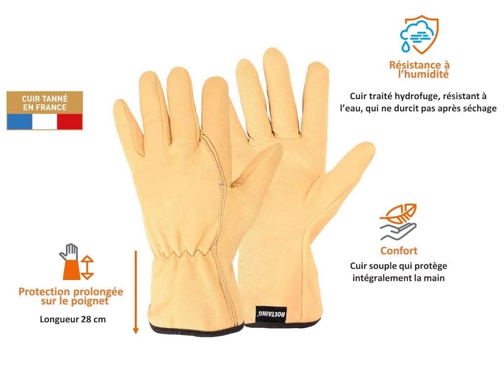 Guantes ROSTAING TRADITION - Par de Guantes de Jardinería en Piel Tratada Hidrófuga - Todo trabajo en ambientes secos y húmedos - Plantar, cavar y escardar - Cómodos y Tradicionales