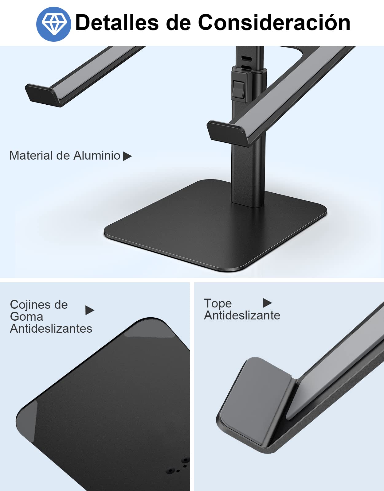 Babacom Soporte Portatil Mesa con 8 Alturas Ajustables, Aleación de Aluminio Elevador Portatil Ergonómico, Ventilado Laptop Stand Compatible con MacBook/Air/Pro, Chrome y Tabletas, 10-16” Negro