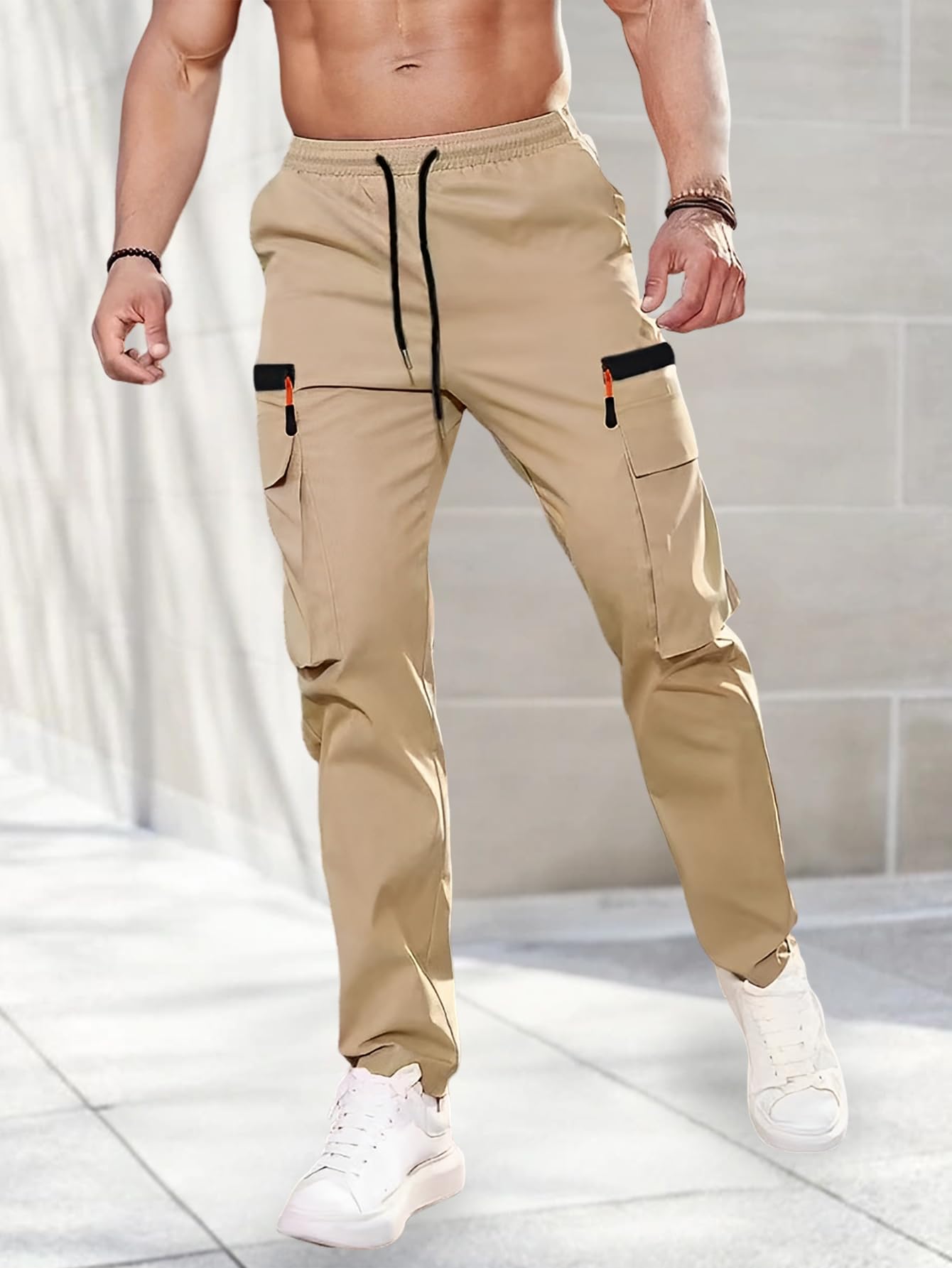 Cargo Pants for Men Elastic Waist Adjustable Drawstring Casual Pants Hiking Outdoor Climbing Fishing with Pockets