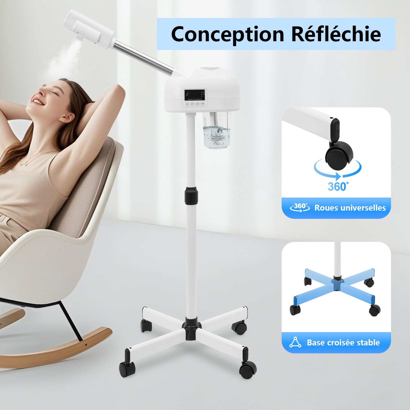 Vaporisateur facial 360° réglable - Nettoyeur de pores - Appareil à vapeur cosmétique avec minuterie