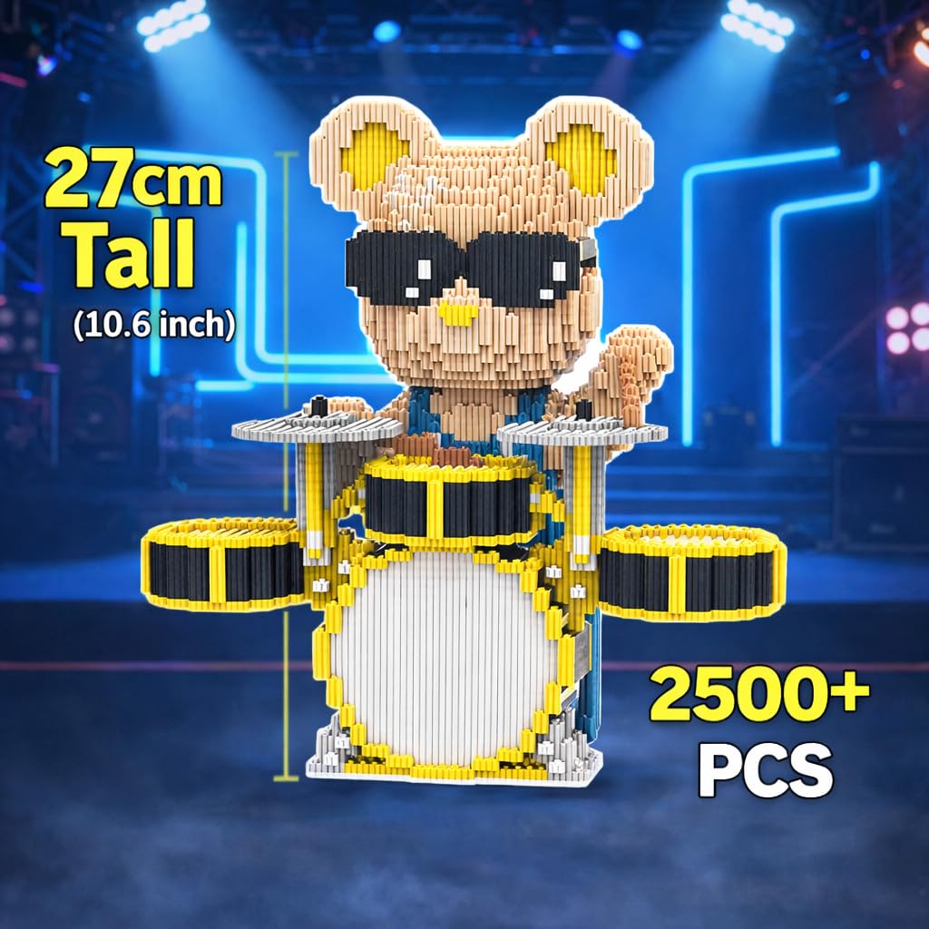 Drummer Building Block Bear Sculpture 27cm Tall, 2500+ PCS Music Brick Figure with Drum Set, DIY Collectible Display Toy - Image 4
