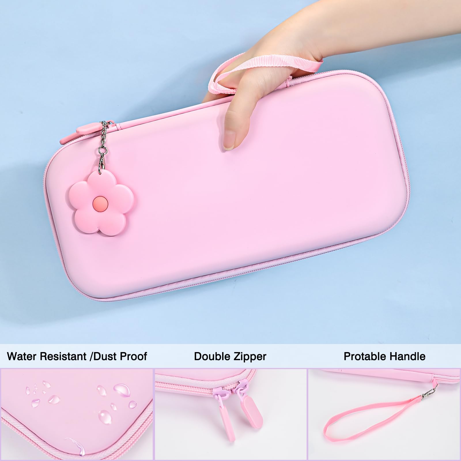 DLseego Custodia da Trasporto Solo per Switch 2, Custodia da Viaggio con Guscio Protettivo Robusto, 4PCS Grip Cover e 1PC Lovely Flower Charm,Rosa