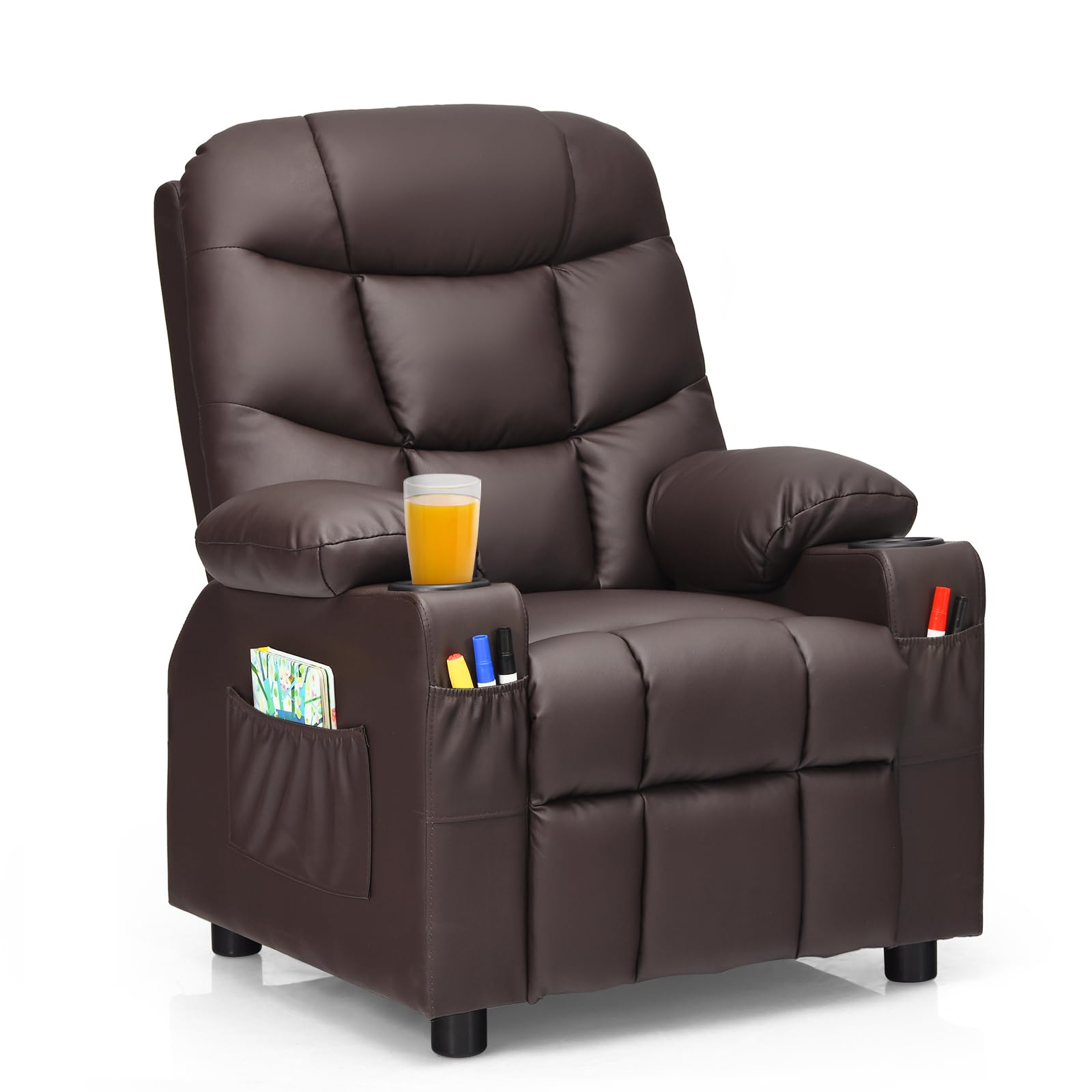Kids Recliner, PU Leather Kids Recliner Chair w/ 2 Cup Holders