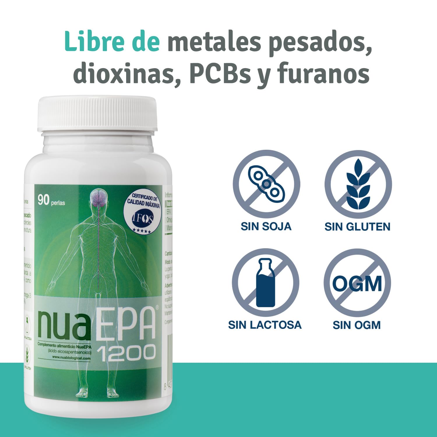 Nua Biological - NuaEPA 1200 - Complemento Alimenticio a base de EPA (Ácido eicosapentaenoico) - Omega 3 Marino de Pescado Azul - 90 cápsulas en forma de triglicérido (1200mg EPA puro/perla)