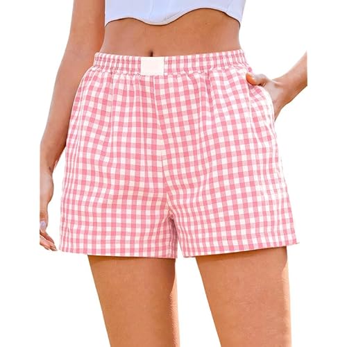 Marvmys Womens Boxer Shorts Cotton Plaid Gingham Shorts Summer Elastic Waist Pajama Buttoms with Pockets Small Pink White Plaid