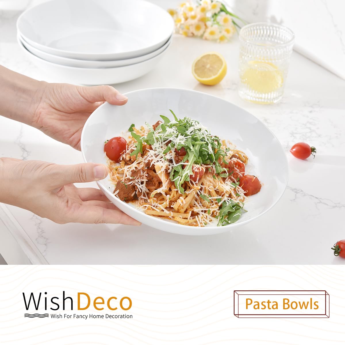 WishDeco Juego de 4 Cuencos Grandes para Pasta, Ensaladeras Cerámica 1100 ml, Platos Hondos Sopa Blancos, Boles Desayuno, Cuenco Servir para Spaghetti, Fideos, Ramen