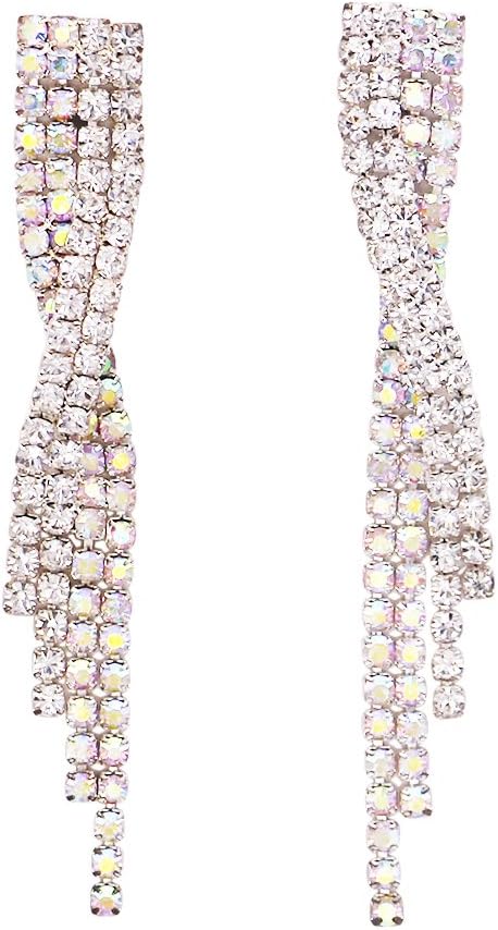 Rosemarie Collections Women's Simply Stunning Crystal Rhinestone Fringe Silver Tone Necklace And Hypoallergenic Post Back Earrings Bridal Set, 13"+5"