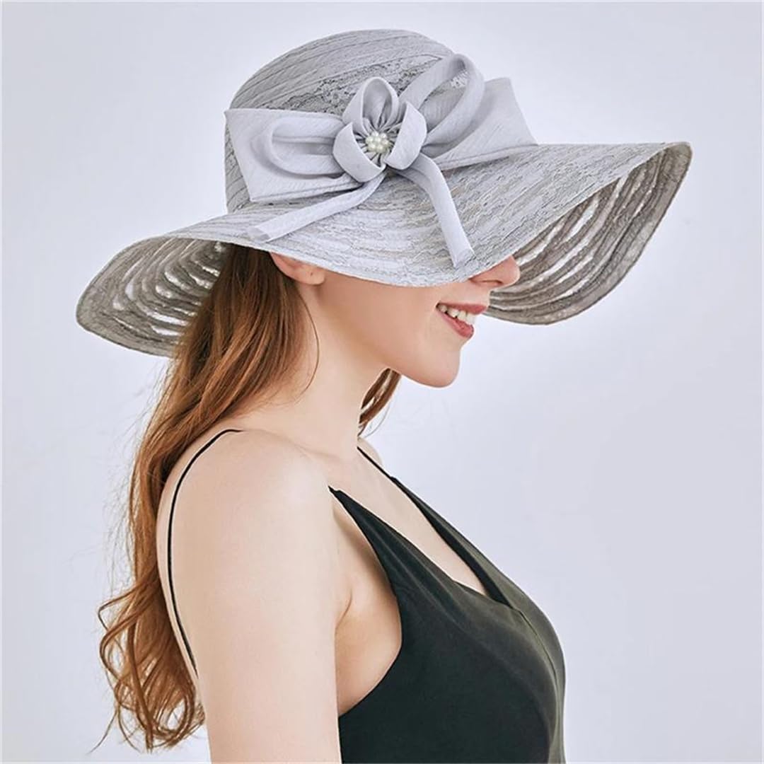 Yeuyyben Cappello da sole estivo da donna, elegante, con fiocco, a tesa larga, per feste di nozze, chiesa, cappello da spiaggia