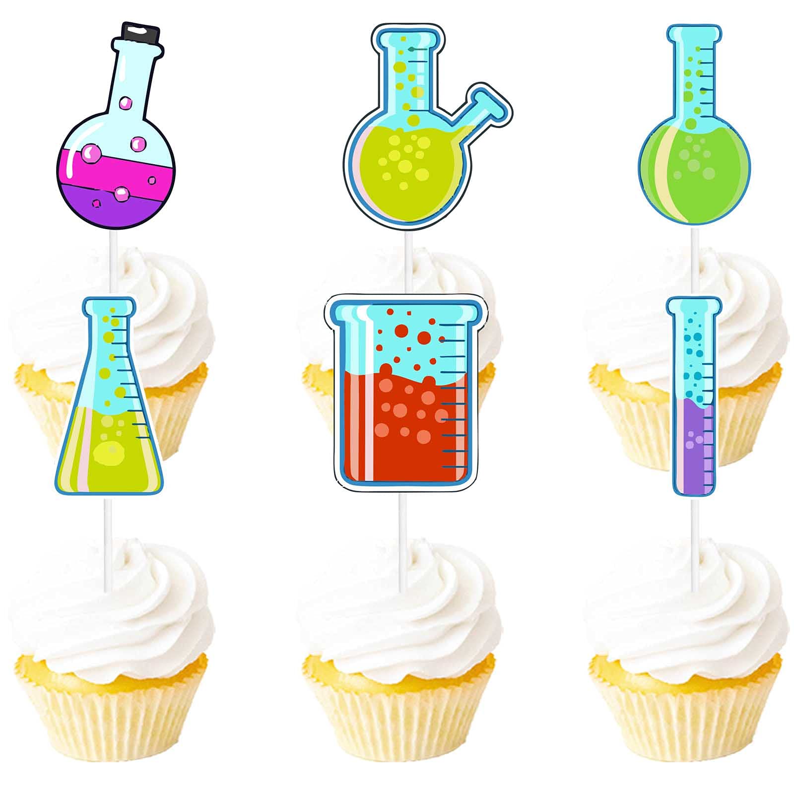 18pcs Colorful Glitter Dessert Cupcake Topper Chemistry Experiments Theme Decor Supplies Boys Girls Baby Shower Happy Birthday Party Decorations
