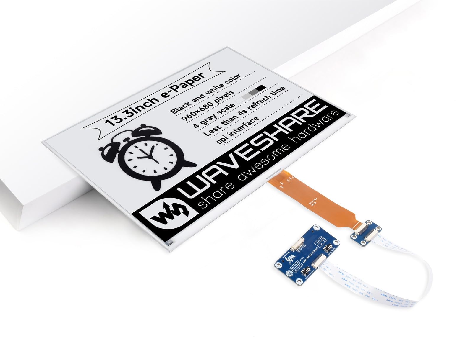 Waveshare 13.3inch E-Paper HAT, 960 x 680 Pixel, SPI Interface, Ideal for Price Tags, Shelf Labels, Industrial Instruments, With PCB Driver Board