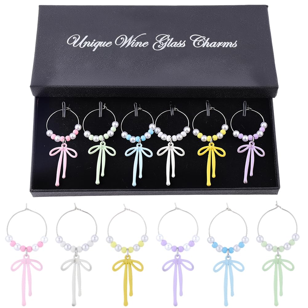 SUNNYCLUE 1 Box 6 Colors Bow Wine Charms Bow Wine Glass Marker Metal Rings Cute Coquette Bowknot White Purple Pink Identifier Tags Charm for Holiday Party Favor Gifts Home Stem Glass Decorations Women