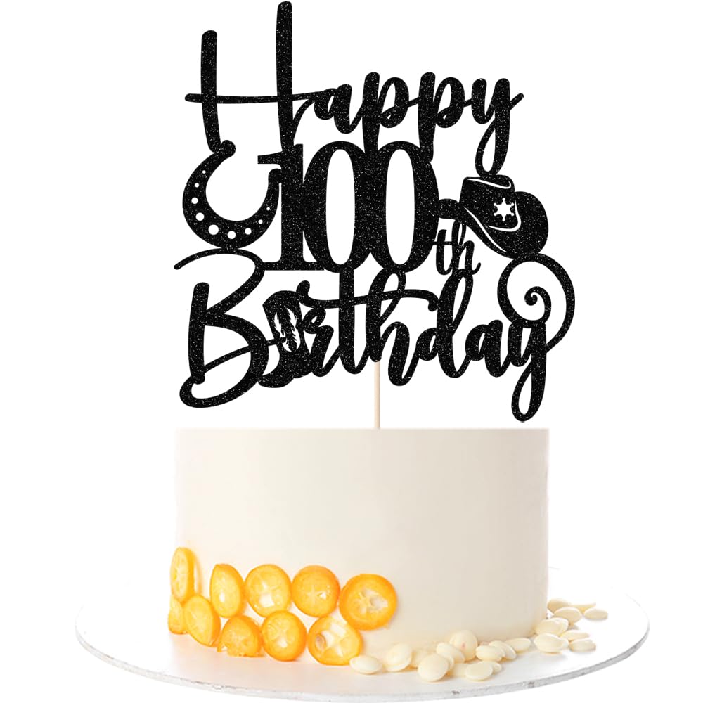 Kaoenla Glitter Black "Happy 100th Birthday" Cowboy Themed Cake Topper - Western Style Party Decoration for 100th Birthday & anniversary photo props Celebration — image 1