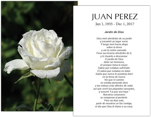 Tarjetas Funerales De Recordatorio 50 tarjetas FPC1015ES Rosa Blanca