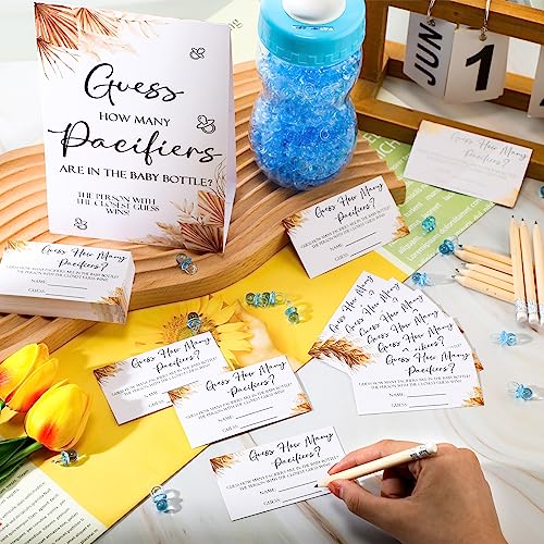 Image of Roowest 512 Pcs Baby Shower Games Guess How Many Pacifiers Sign 100 Small Guessing Games 10 HB Pencils 750ml Milk Bottle 400 Acrylic Pacifiers Decoration for Guest Gender Reveal(Blue,Boho)