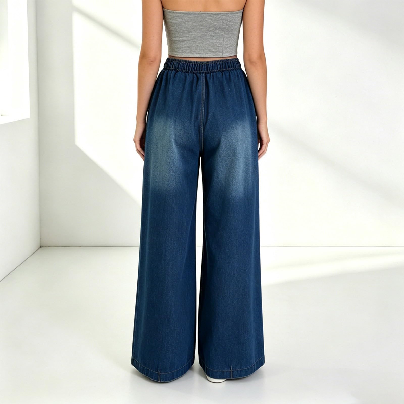 Damen Jeans Mit Gummizug Bund - Marlenehose Damen Elegant Große Größen | Elastische Mit Kordelzug Jeanshosen High Waist Stretch Denimhose Oversize Jeanshose Straight Palazzohose Streetwear