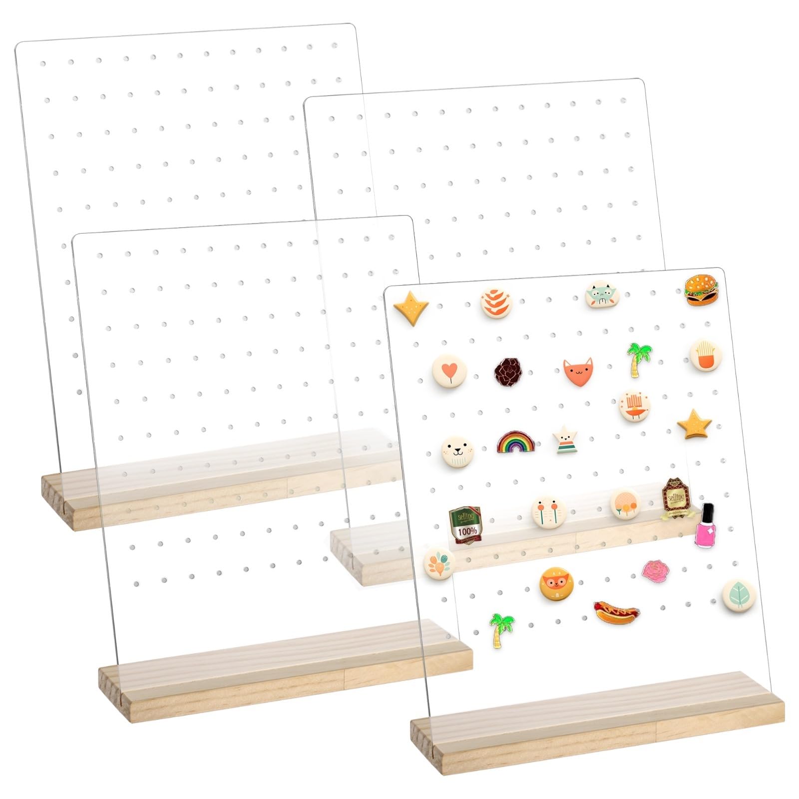 BOSREROY 4 Stk. Acryl-Emaille-Pin-Displayständer mit Holzsockel, 120 Löchern, Desktop-Pinhalter, Acryl-Ohrringständer, klarer Tisch-Organizer für Auszeichnungen, Abzeichen und Sammlerstücke